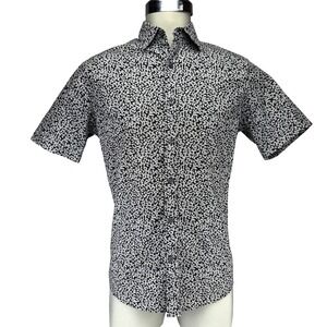 MICHAEL KORS Slim Fit Leaf Print Stretch Cotton Short‎ Sleeve Black Gray Shirt S